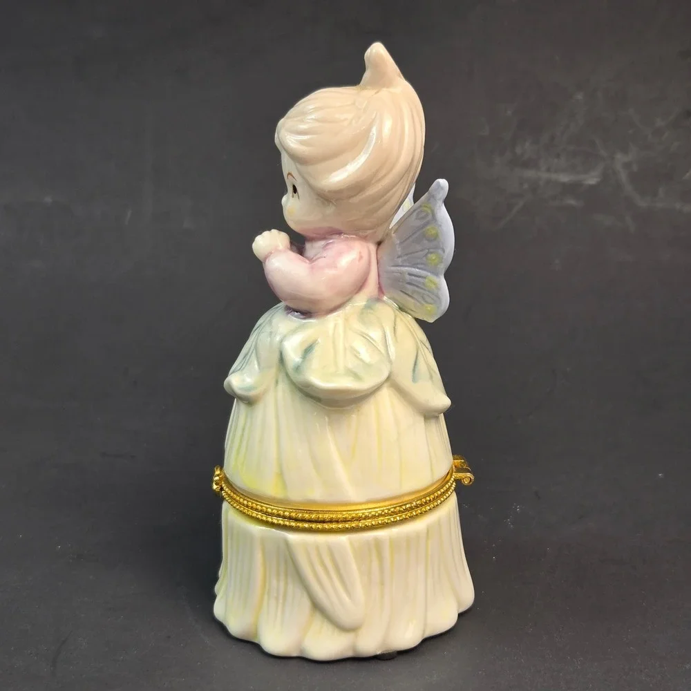 Vintage Porcelain Fairy Hinged Trinket Box Pastel Angel Figurine Gold Tone Clasp